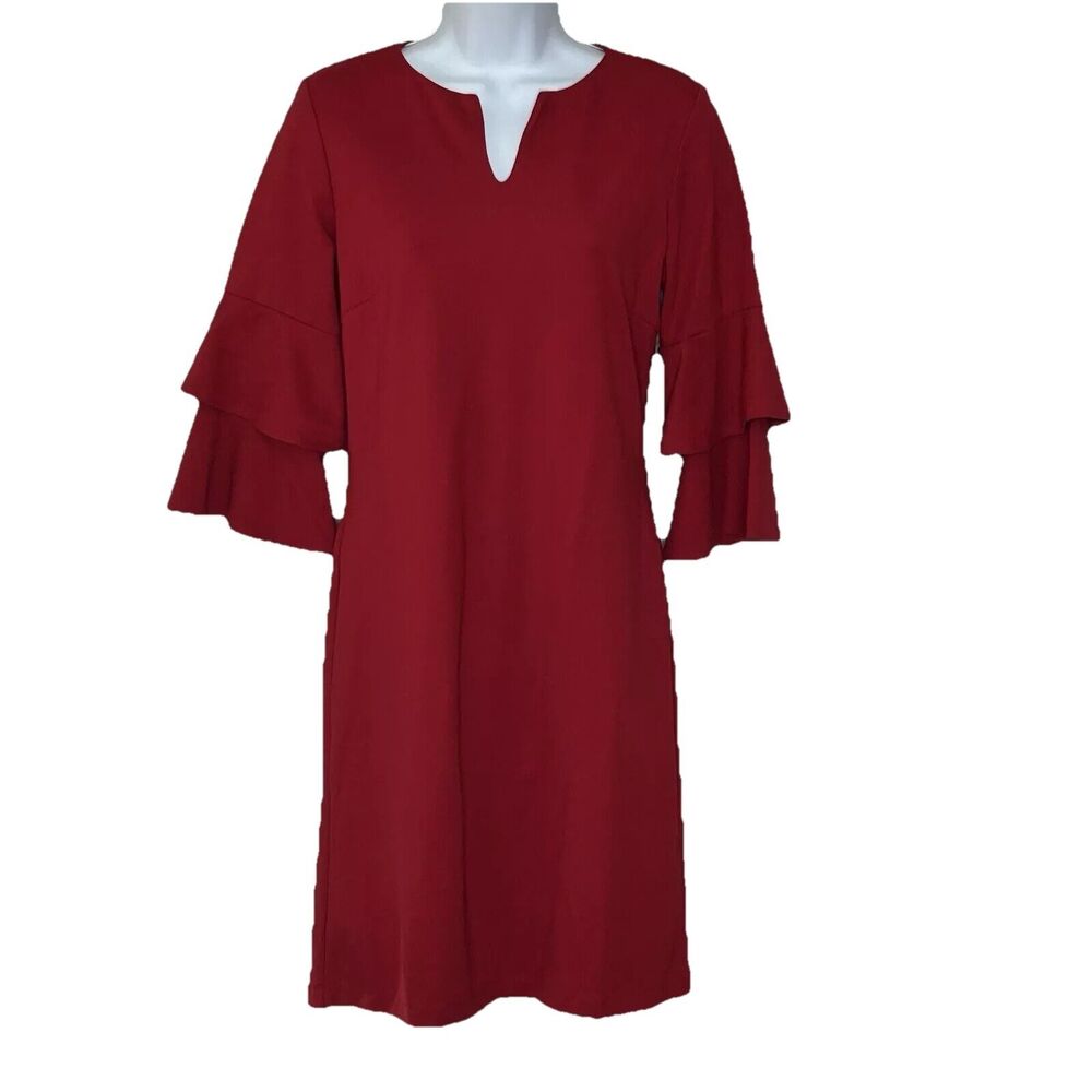J McLaughlin Ponte Dress Size S Red Sheath Bell Sleeves Stretch Split V Neck